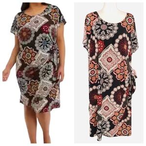 Signature by RobbieBee 3X Midi Faux Wrap Medallion Boho Dress